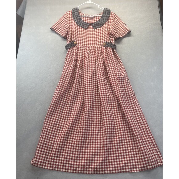 COTTONTAIL ORIGINALS Red Gingham Navy Floral DRESS 14 Vintage 80s 90s Retro Midi - Picture 1 of 16